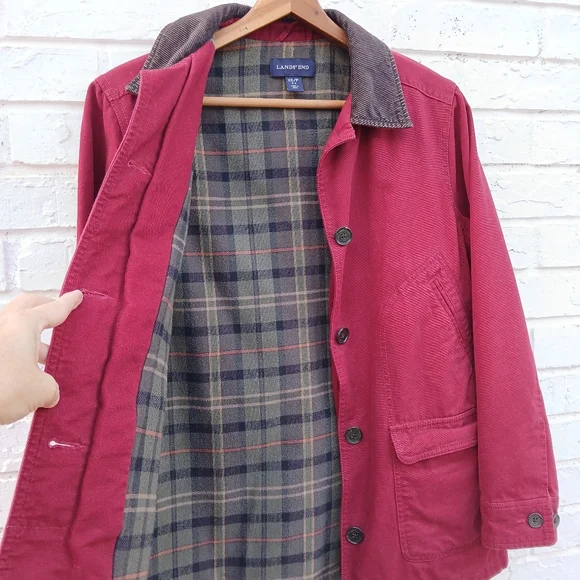 Lands' End Red Barn Coat Jacket with Brown Collar - Picture 2 of 7